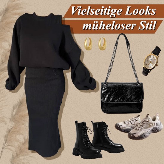 Damen-Set mit Sweatshirt mit schrgen Schultern und rmellosem Kleid