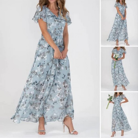 Kurzrmeliges langes Kleid mit Blumendruck
