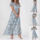 Kurzrmeliges langes Kleid mit Blumendruck