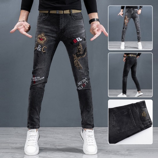 Herren bedruckte Slim-Fit-Jeans mit geradem Bein