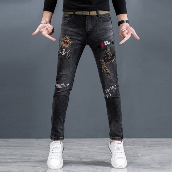 Herren bedruckte Slim-Fit-Jeans mit geradem Bein