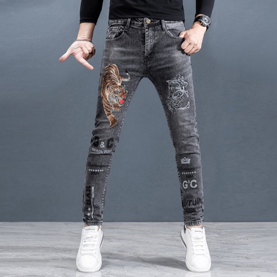 Herren bedruckte Slim-Fit-Jeans mit geradem Bein