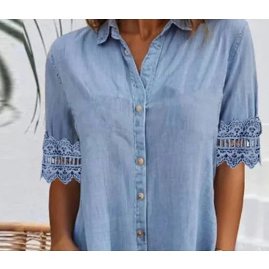 Zeitlich begrenztes AngebotBlaues, schlichtes Minikleid aus Denim mit Kragen und Spitzenbesatz