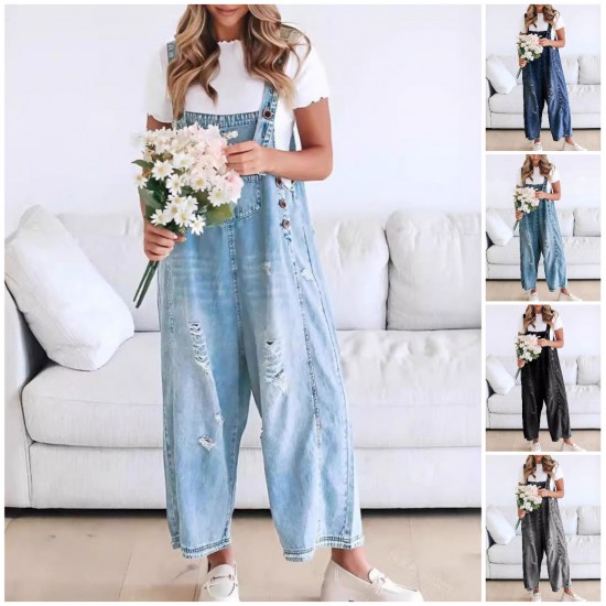 SOMMERANGEBOT - 50% RABATTSüe Damen-Latzhose im Jumpsuit-Stil aus Destroyed Denim mit Knpfen