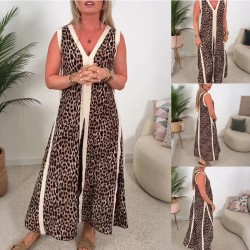 Damen rmelloses Maxikleid mit Leopardenmuster, V-Ausschnitt und Zierschlitz